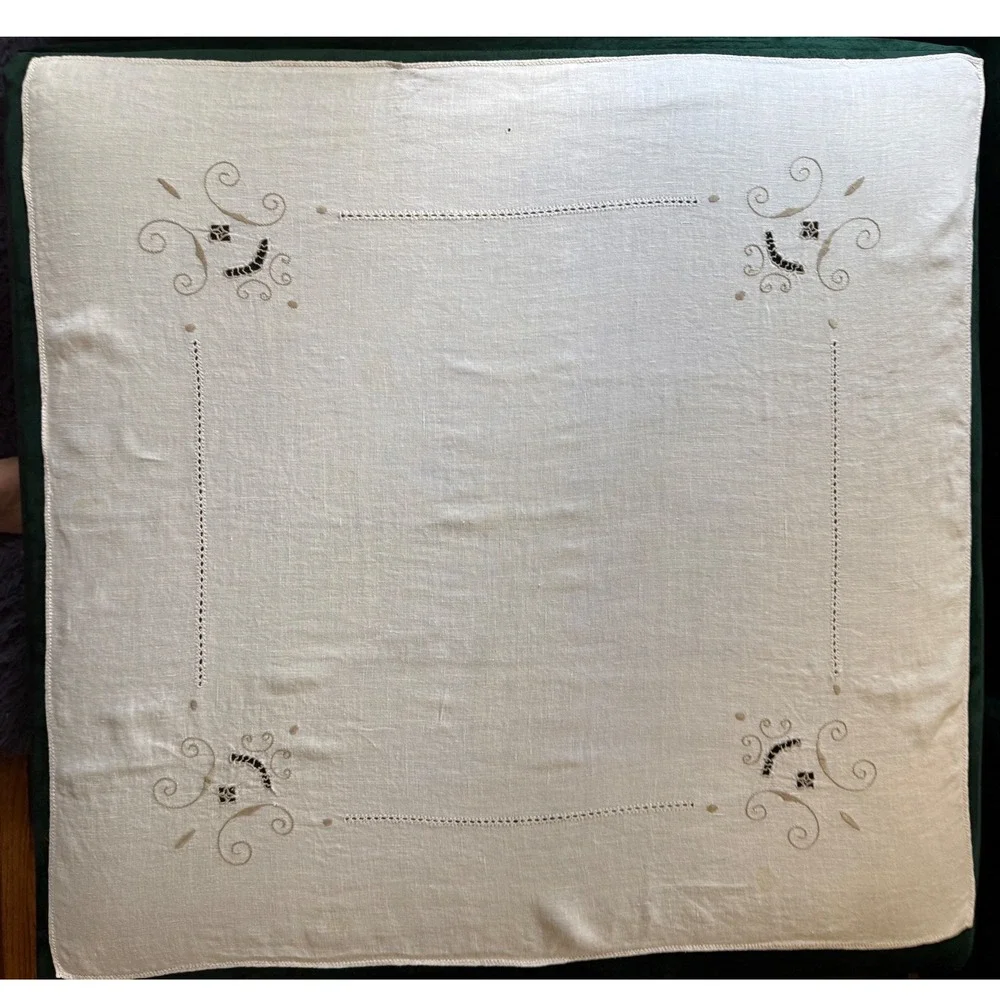 Vintage Off White Linen Square Tablecloth Embroidered Cutwork 33x33 inch